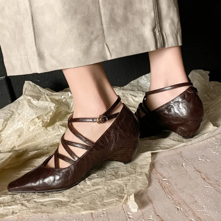 Churchf Churchf So Beautiful ~! China Wind Square Slope With Cross Strap Buckle High Heels Wear Fashion Single Shoes Women
