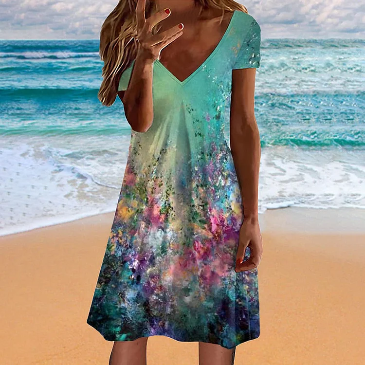 Printed V-Neck Short Sleeved Midi Dress