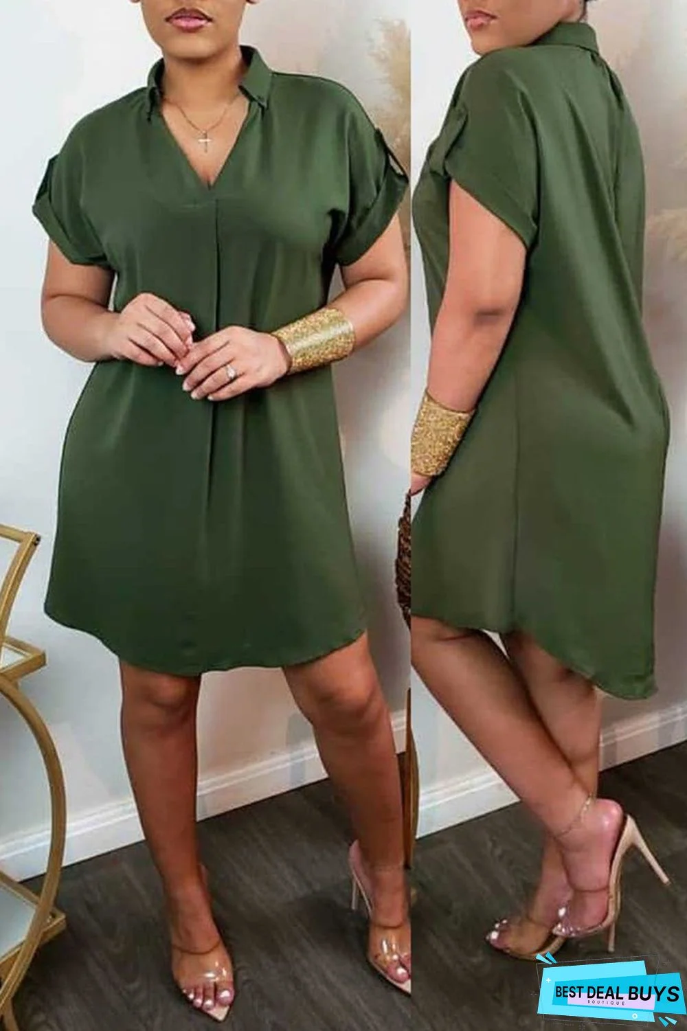 V-Neck Short Sleeve Solid Casual Dress