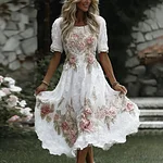 Women's Floral Art Print Flowy Linen Blend Casual Short Sleeve Maxi Dress - Image 3