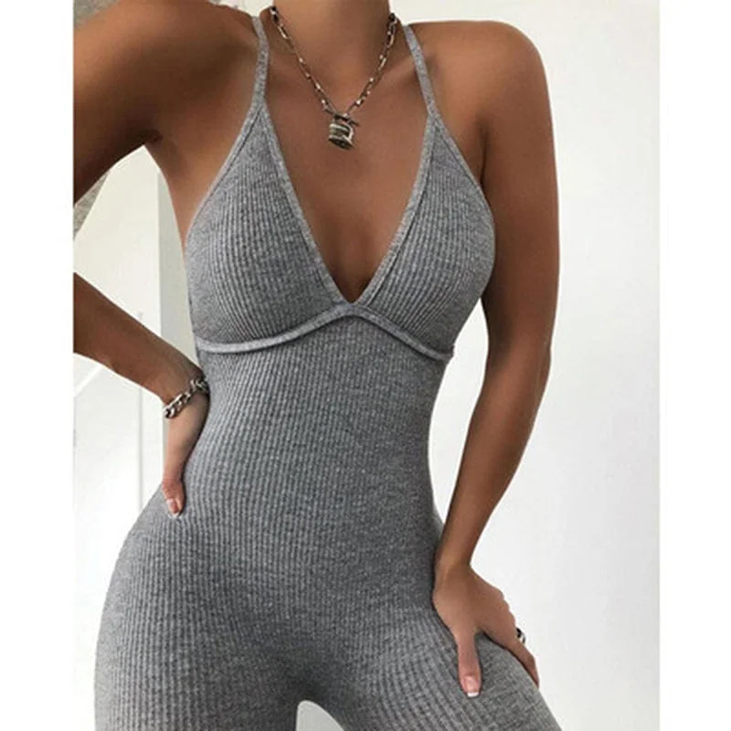 Summer Casual Sport Fitness Streetwear Female Jumpsuit Sexy V Neck Backless Skinny Elastic Jumpsuit Women Outfit