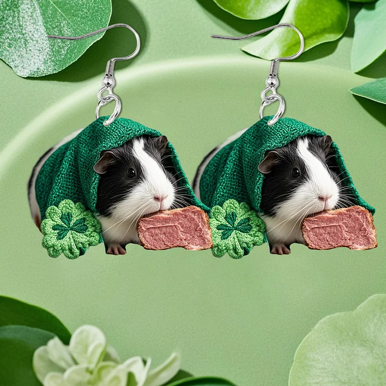 St. Patrick's Day Cute Cartoon Guineapig in Green Bandana Earrings