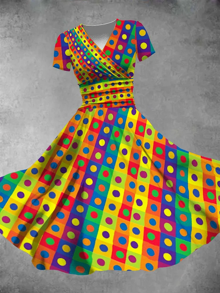 Women's Rainbow Striped Polka Dot Print Maxi Dress