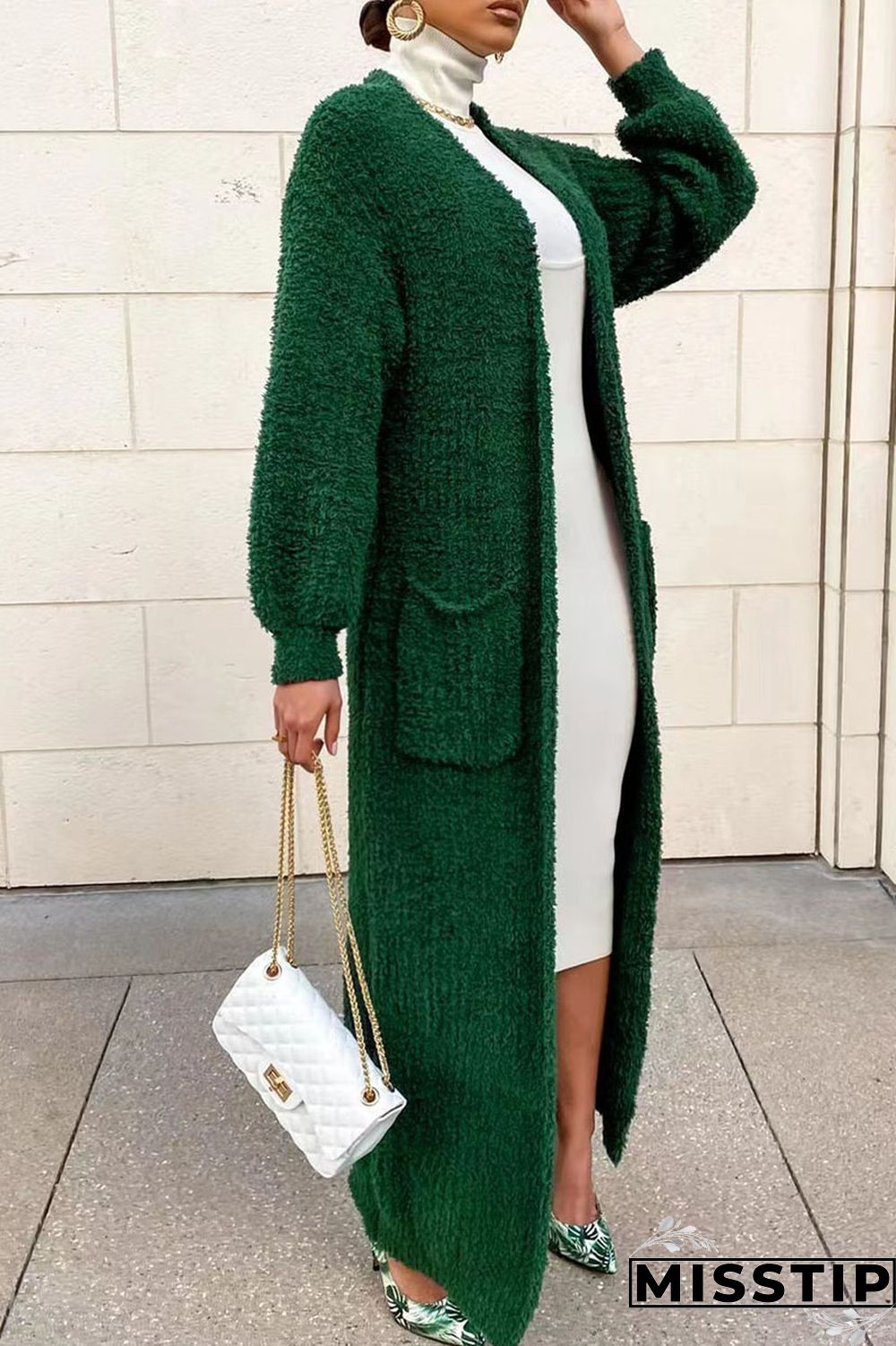 Green Casual Solid Patchwork Cardigan Collar Outerwear