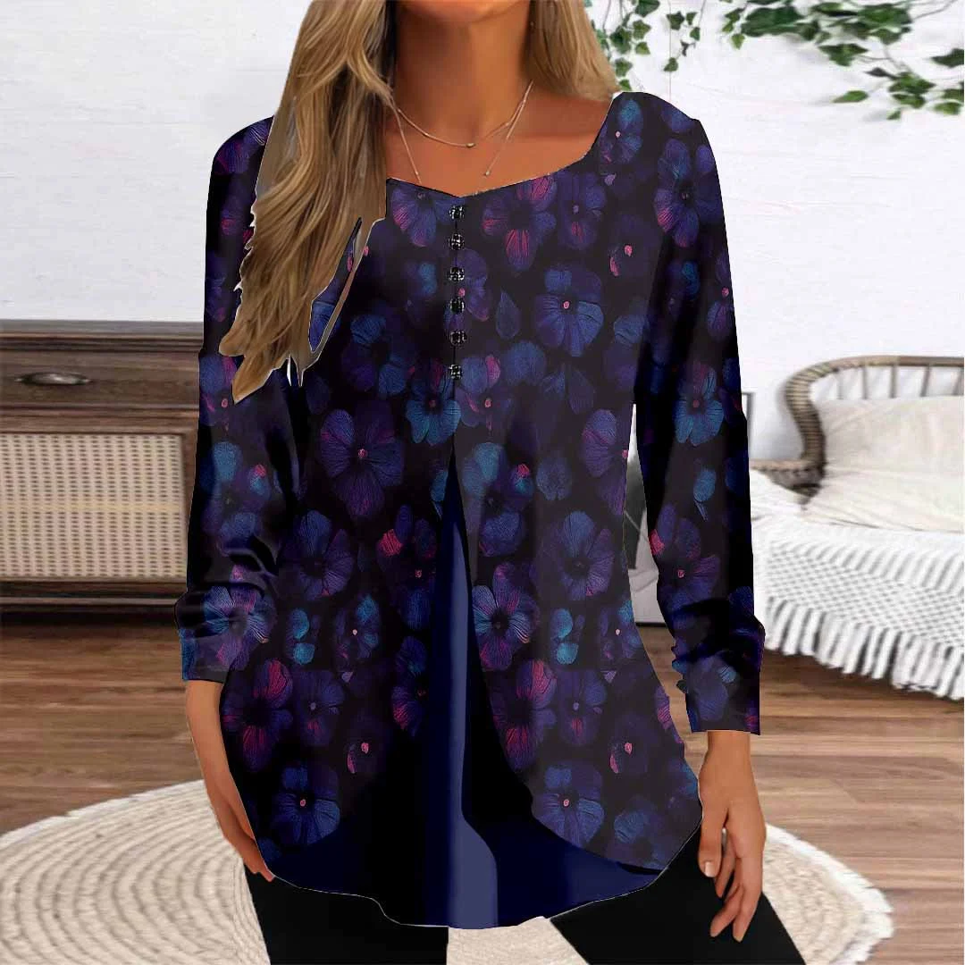Women Floral,Blue DZGG8290 Long Sleeve Scoop Neck Printed Graphic Button Fake 2in1 Tops