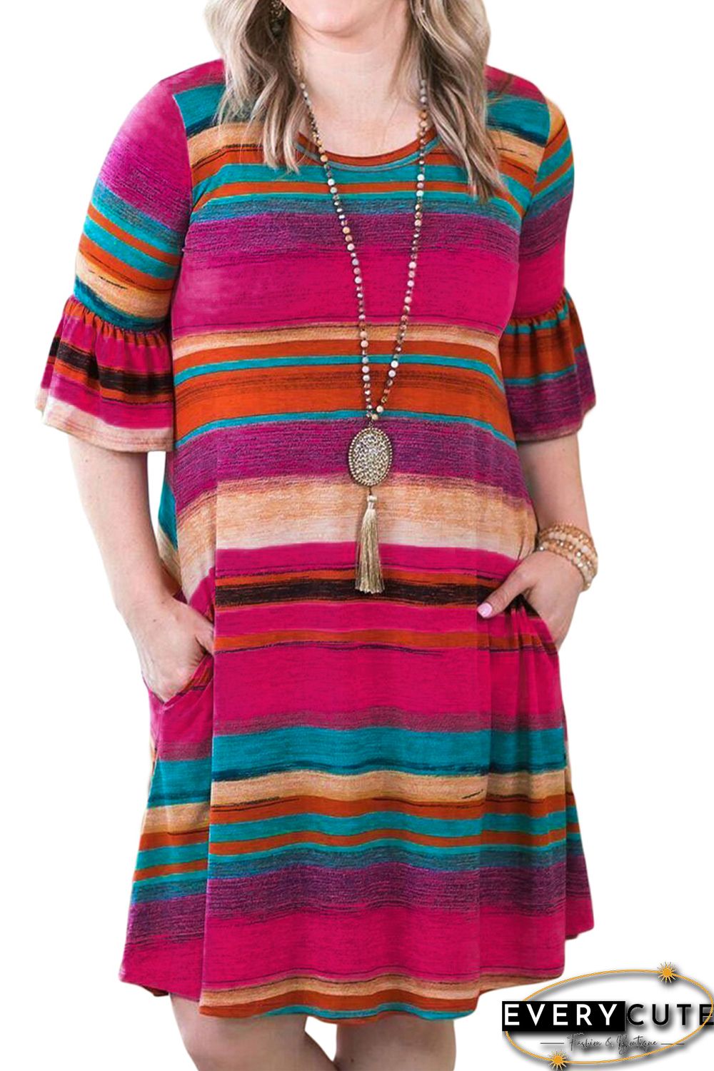 Multicolor Ruffled Sleeves Serape Print Plus Size Dress