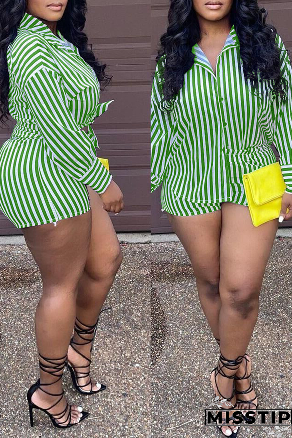 Green Casual Striped Patchwork Turndown Collar Long Sleeve Two Pieces