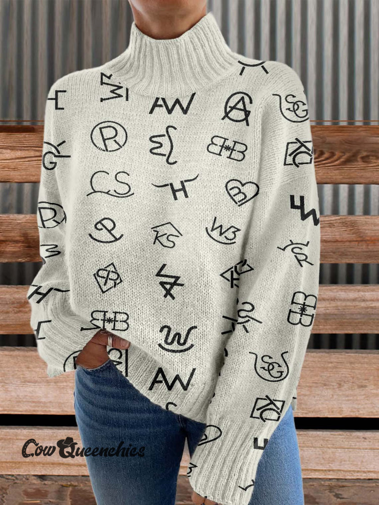 Western Cattle Brands Print Knit Turtleneck Pullover Sweater Beige / S