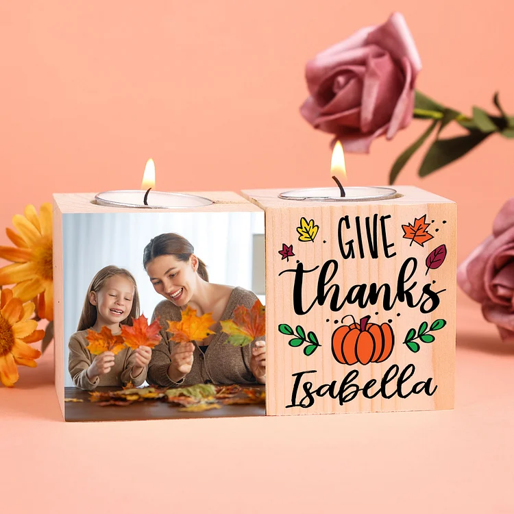 Thanksgiving Wooden Photo Candle Holder Customized 1 Name Candlesticks Gifts for Family Friends