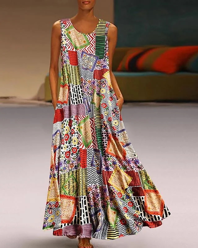 Women's A-Line Dress Maxi long Dress Sleeveless Tribal Print Summer Hot Casual Mumu Khaki M L XL XXL 3XL 4XL 5XL