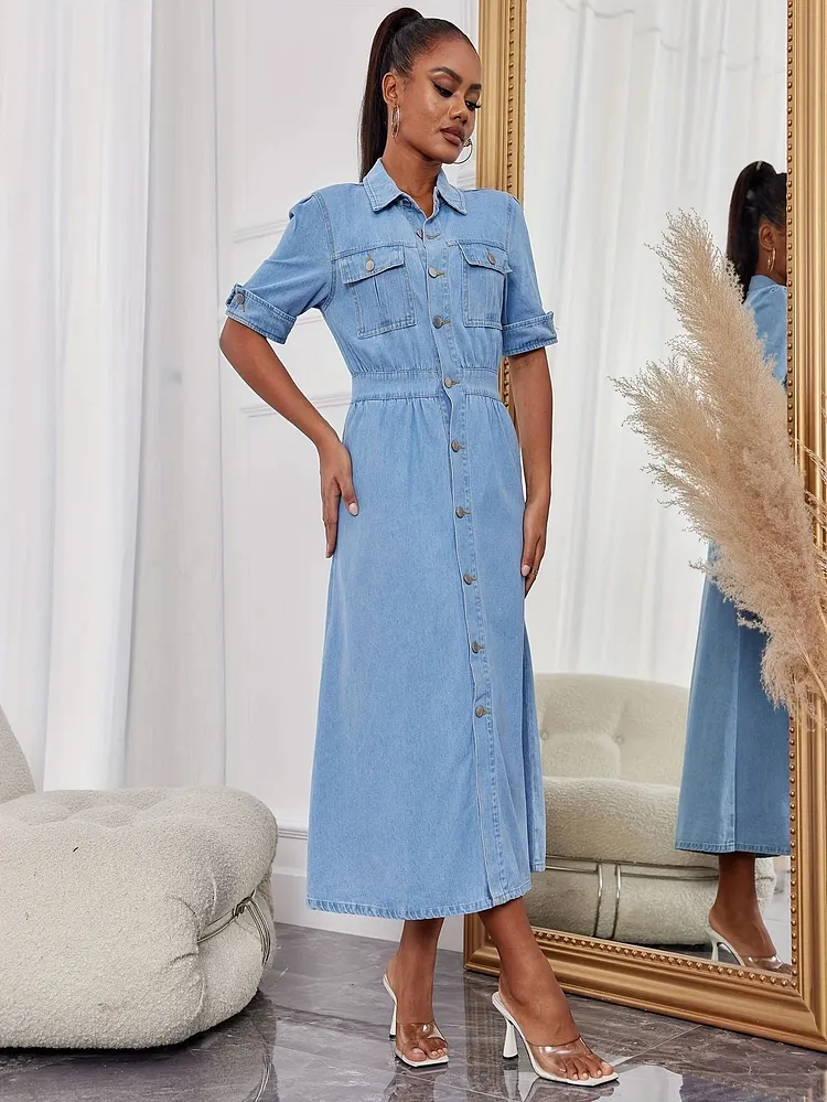 Denim Dress Street Trend Personal Casual Spring Summer Denim A line Dress for Women 