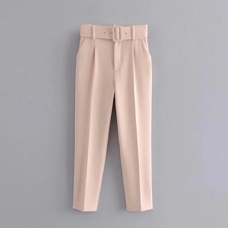Brownm TWOTWINSTYLE Casual Solid Color Pants For Women High Waist Belt Straight Long Pants Female 2021 Spring New Womens Clothing