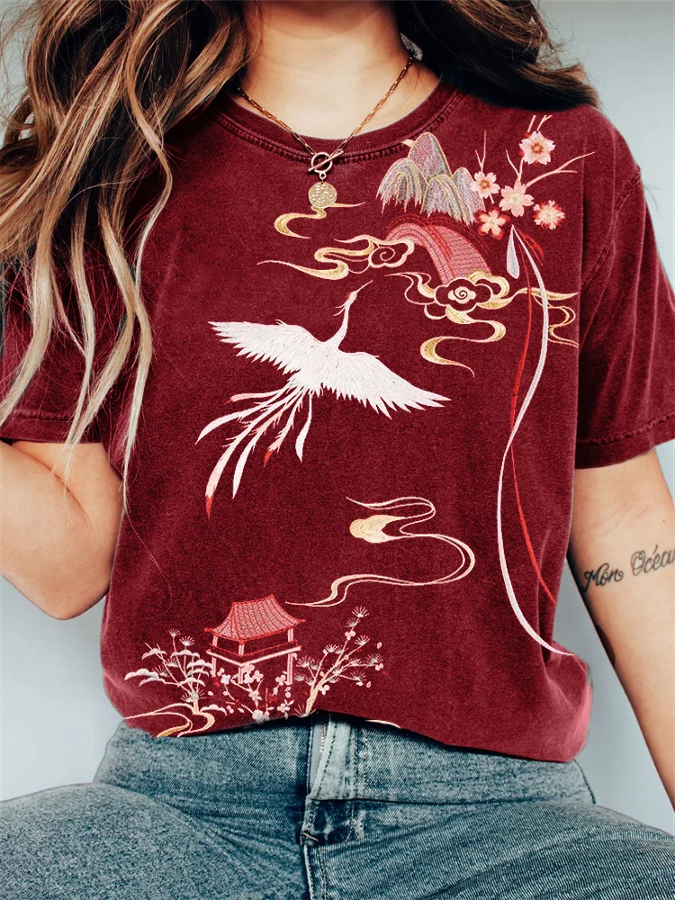 Phoenix & Cherry Blossom Ancient Japanese Art Washed T Shirt