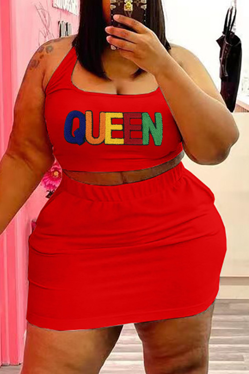 Red Casual Print Split Joint U Neck Pencil Skirt Plus Size Two Pieces