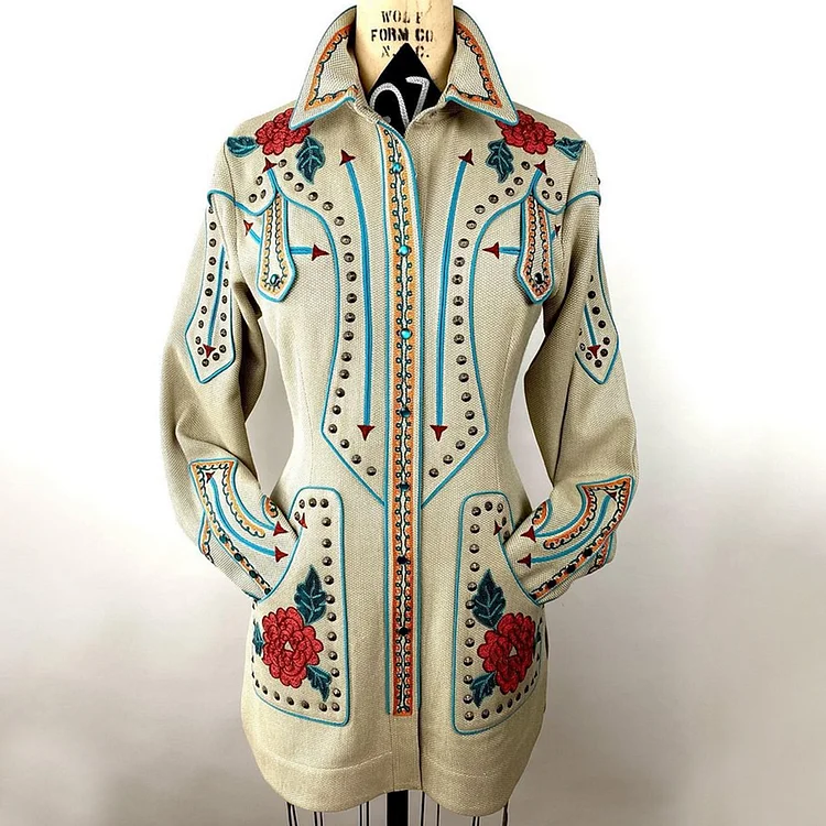 Retro Floral Art Print Button Pocket Long Sleeve Mid-Length Coat