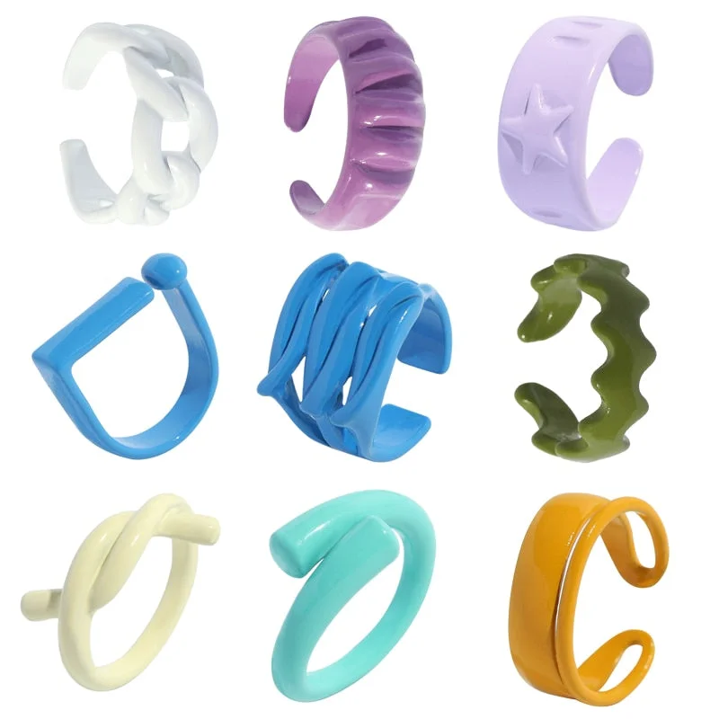 Dvacaman 2021 New Trendy Colorful Dripping Oil Resin Rhinestone Geometric Rings Hand-Painted Open Rings for Women Party Jewelry