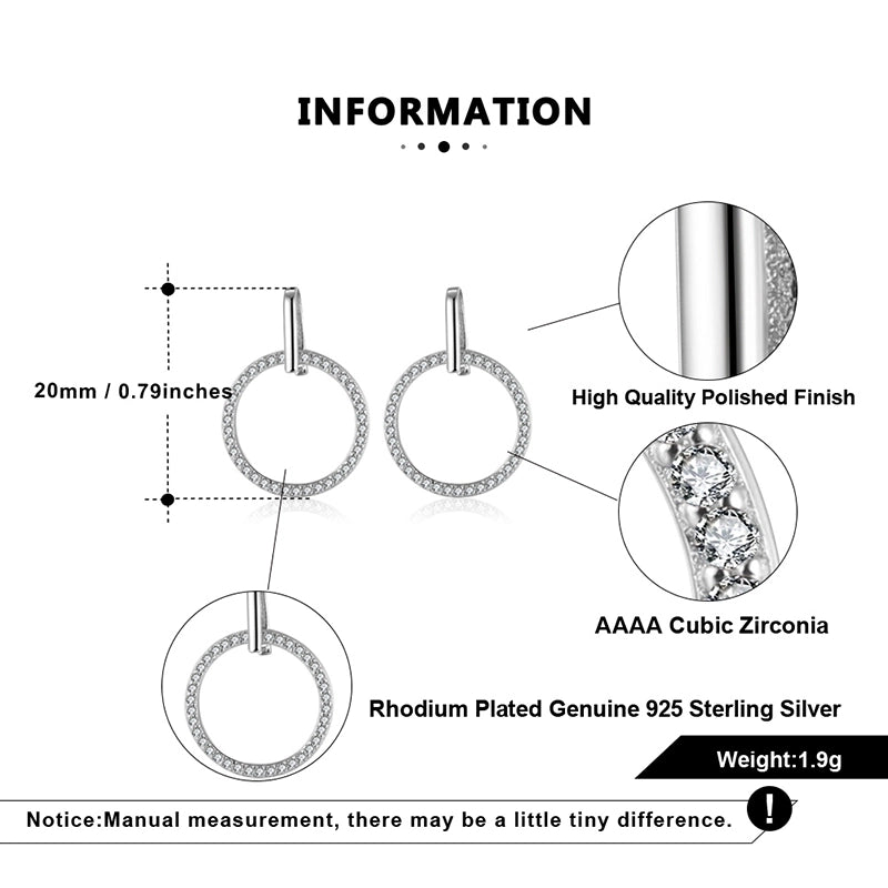 1 Pair 925 Sterling Silver Zircon Circle Round Drop Earrings