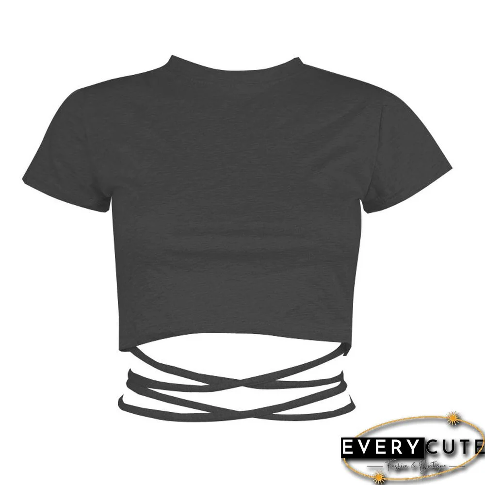 New O Neck Solid Tshirt Women Summer Cross Bandage Tee Sexy Short Sleeve Camisole Casual Tank Top Fashion Female Crop Tops Shirt