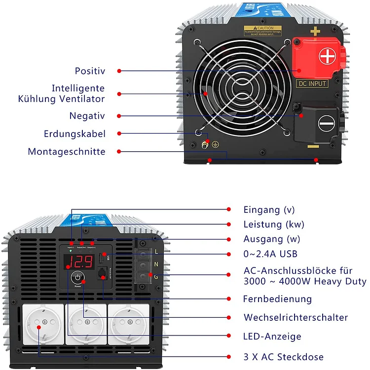 Spannungswandler Wechselrichter 12V 230V 4000/8000 Watt inkl.  Kabelfernbedienung
