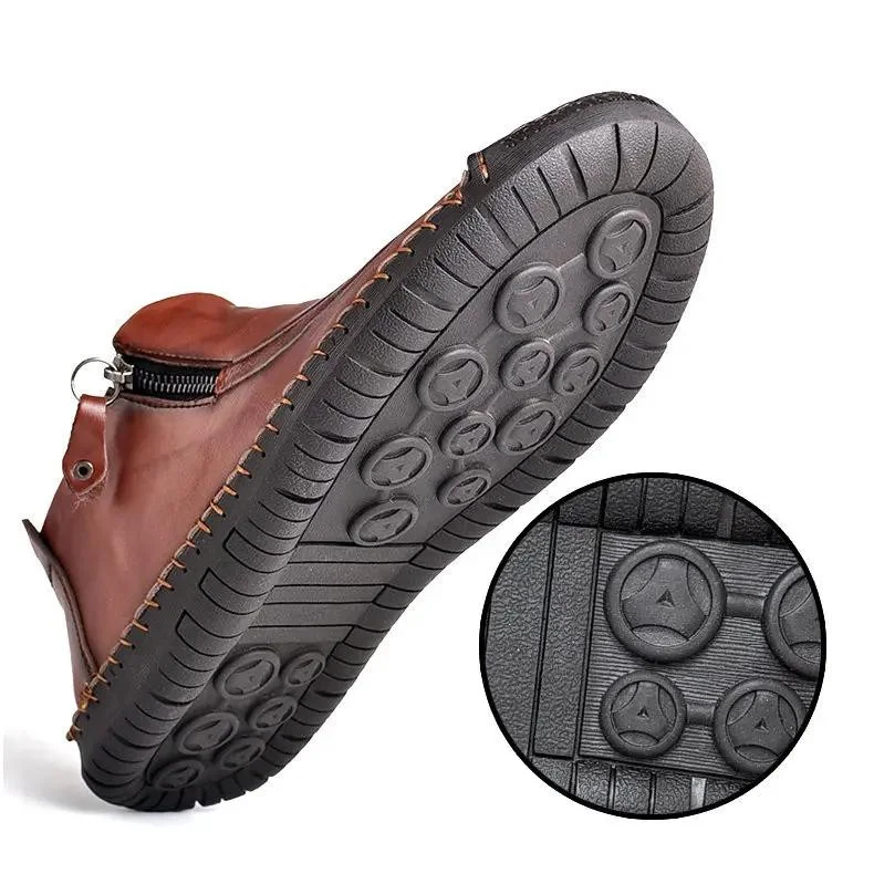 MEN LEATHER HAND STITCHING SIDE ZIPPER COMFY SOFT ANKLE BOOTS