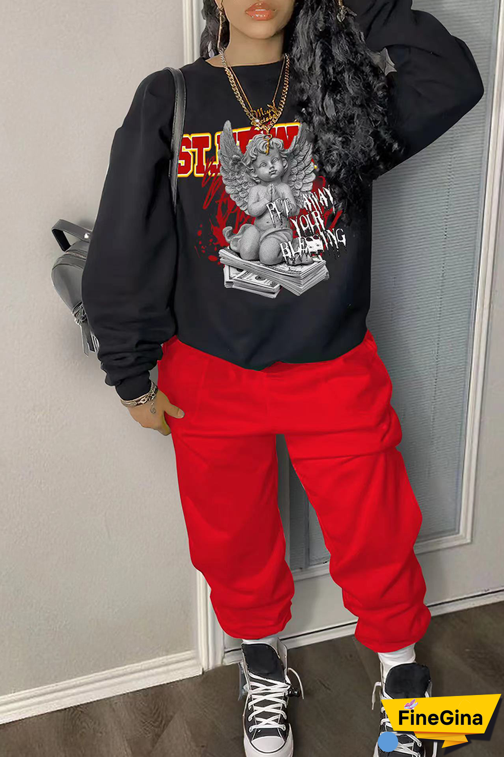Red Street Print Patchwork O Neck Long Sleeve Two Pieces