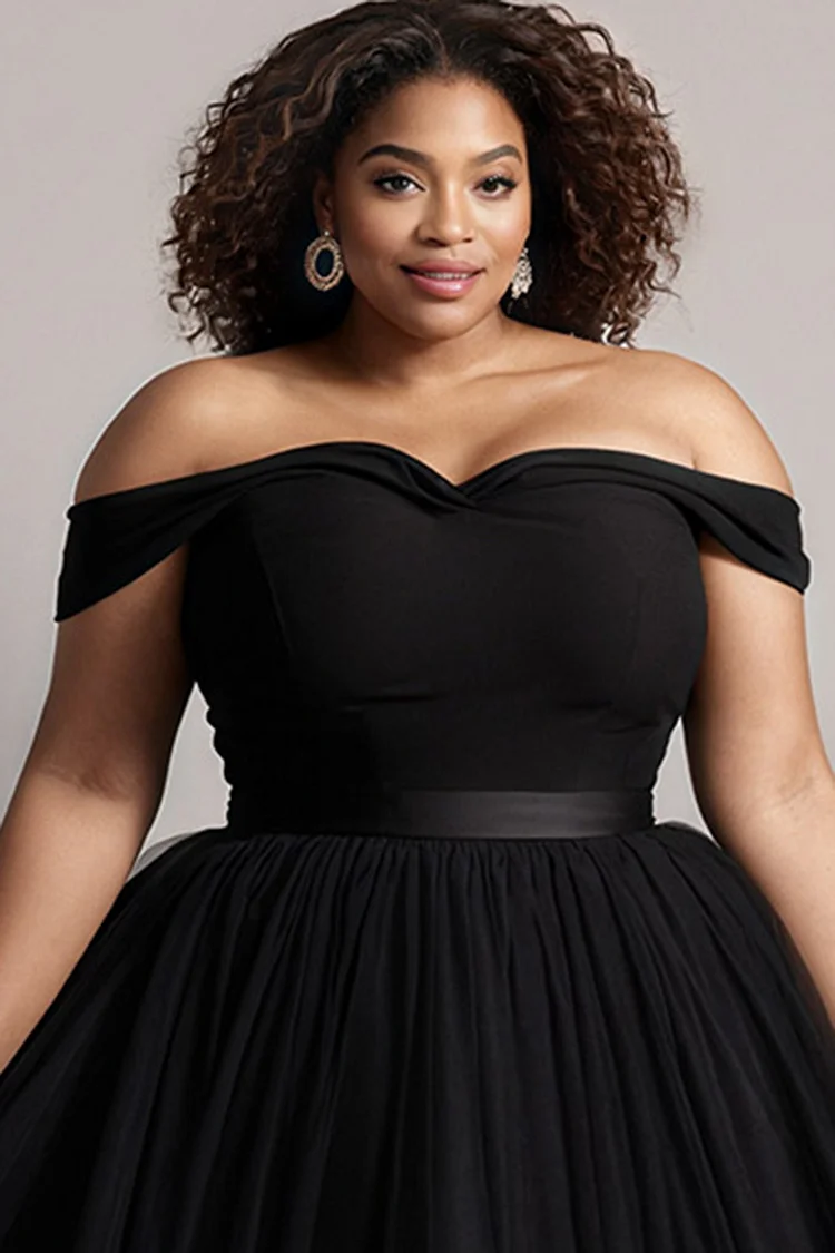 Xpluswear Design Plus Size Cocktail Party Black Gradient Off The Shoulder Tulle Midi Dresses [Pre-Order]