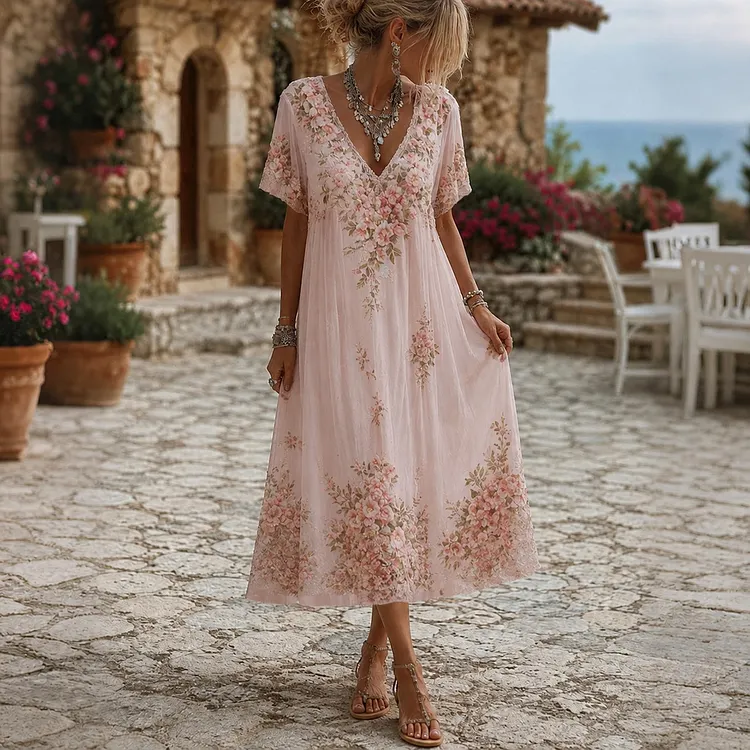 Women's Floral Embroidered Art V-neck Short Sleeve Linen Blend Midi Dress