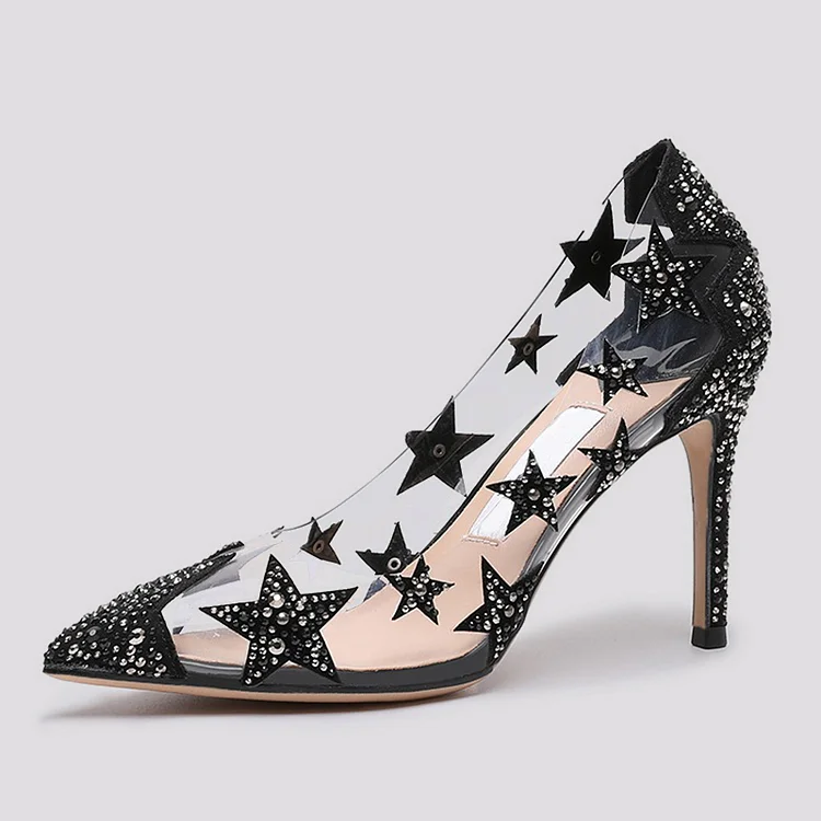 High Heel Pointed Toe Star Rhinestone Pumps-Black