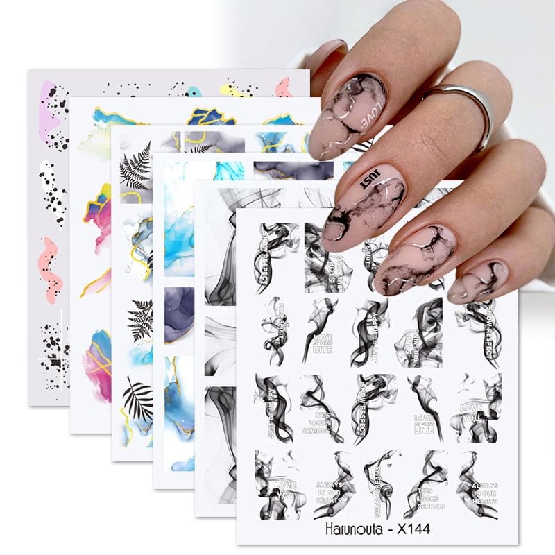 4/6pcs Black Ink Blooming Letter Design Water Nail Stickers Charms Flowers Leaf Watercolor Butterfly Nail Art Decals Sliders
