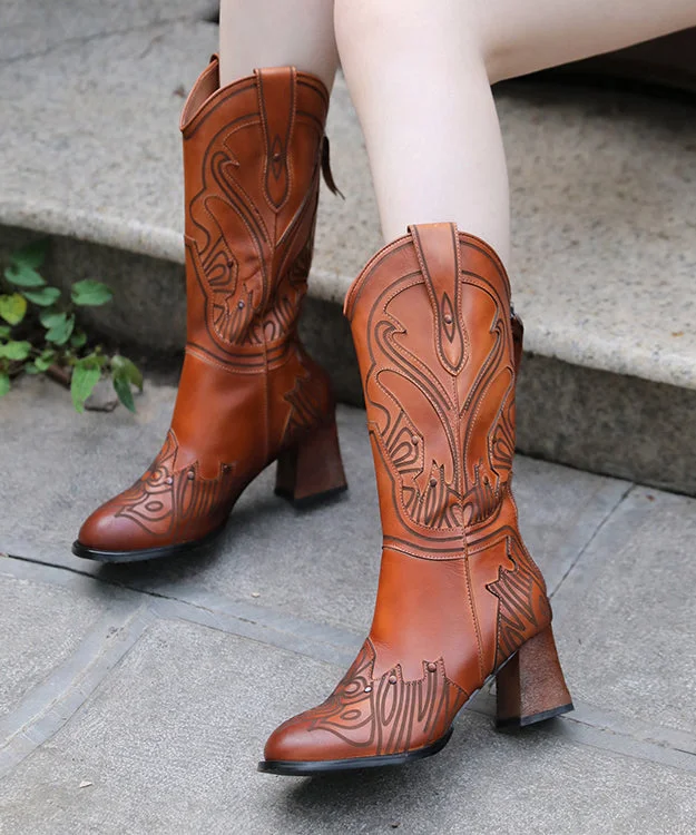 Retro Handmade Embossed Coffee Chunky Boots Cowhide Leather