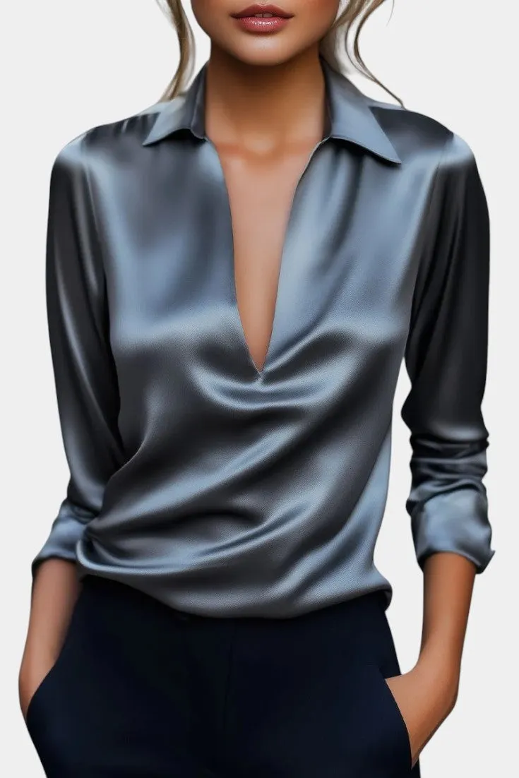 Deep V Neck Satin Blouse with Rolled Sleeves