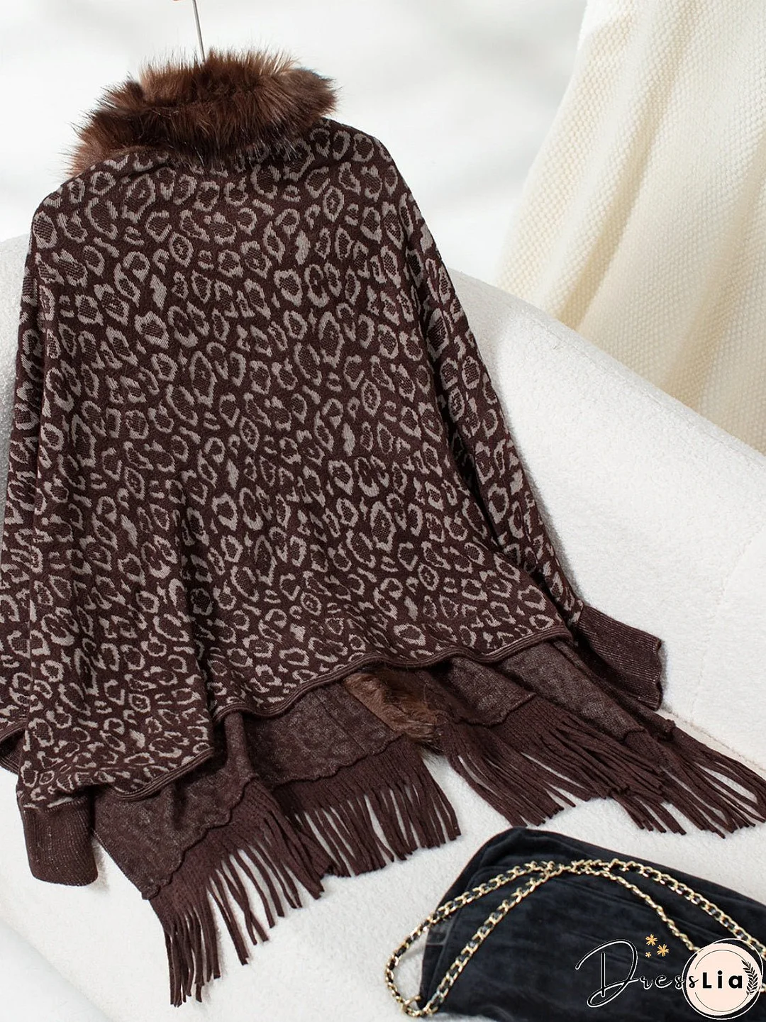 Fringe Leopard Open Front Long Sleeve Poncho