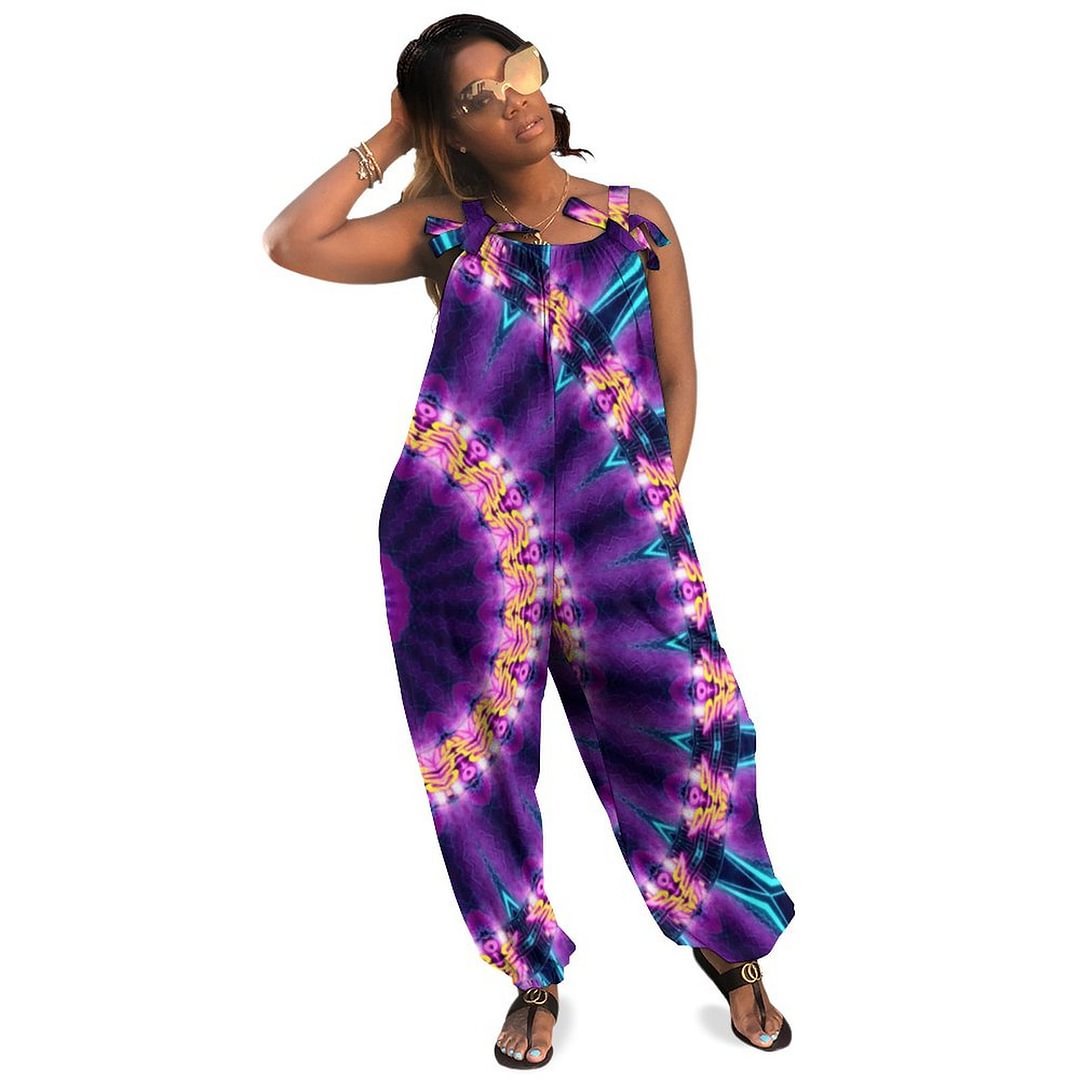Cosmic Neon Sunflower Blacklight Rave Mandala Bohemian Jumpsuit Vintage Vibrant Pantsuit Wide Leg Women Romper - neewho