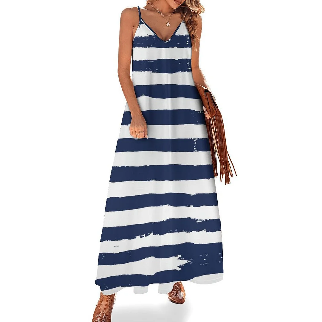 Style & Comfort for Mature Women Plus Size Printed Sling Casual Women Maxi Dress in Pattern Striped, Blue