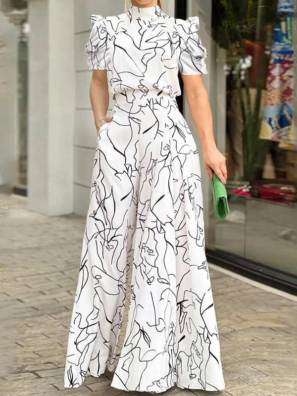 Artist Print Long Sleeve Elegant O Neck Short Sleeve Shirt Jumpsuit