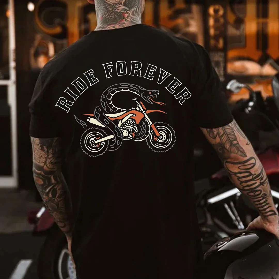 RIDE FOREVER Snake Riding Motor Black Print T-Shirt