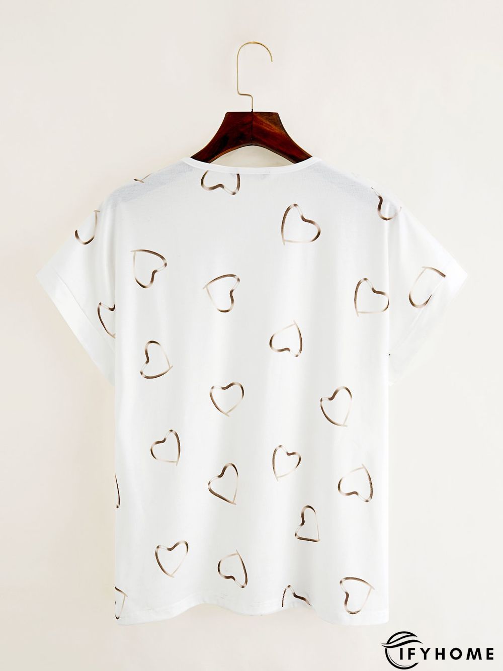 Women's White Heart Printed V Neck Cotton Blend Short Sleeve Casual Tunic T-Shirt | IFYHOME