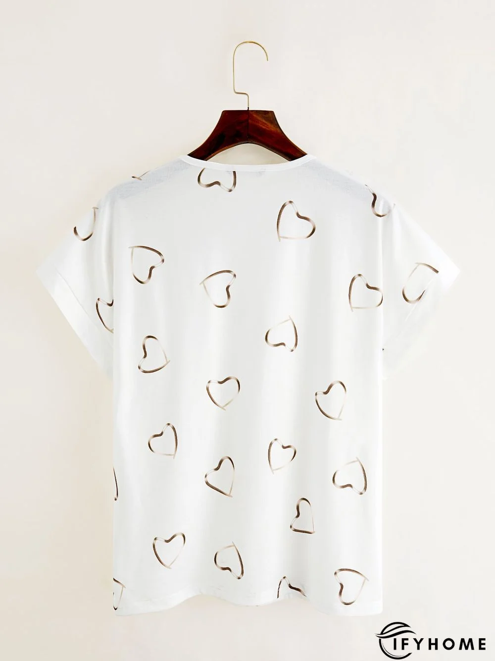 Women's White Heart Printed V Neck Cotton Blend Short Sleeve Casual Tunic T-Shirt | IFYHOME