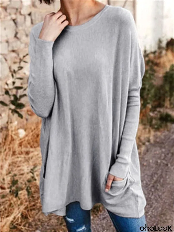 Women's Casual Loose Solid Color T-Shirt With Pockets