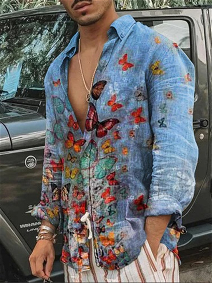Men's Blue, White 3D Printed Lapel Cardigan Long-sleeved Shirt S,M,L,XL,XXL,XXXL,XXXXL,5XL,6XL