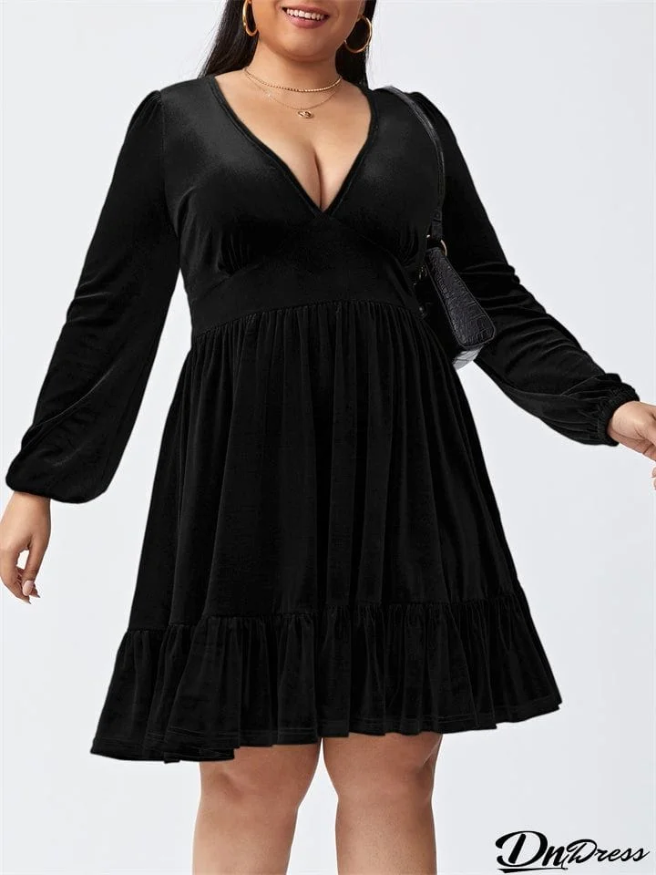 Ladies Sexy Oversized V Neck Long Sleeve Velvet Dress