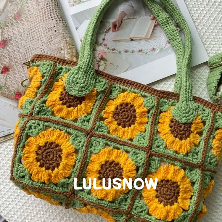 Lulusnow Handmade Green Sunflower Granny Square Crochet Shoulder Bag Crochet Handbag  Gift For Her/Christmas/Valentine's/Easter/Mother Day 