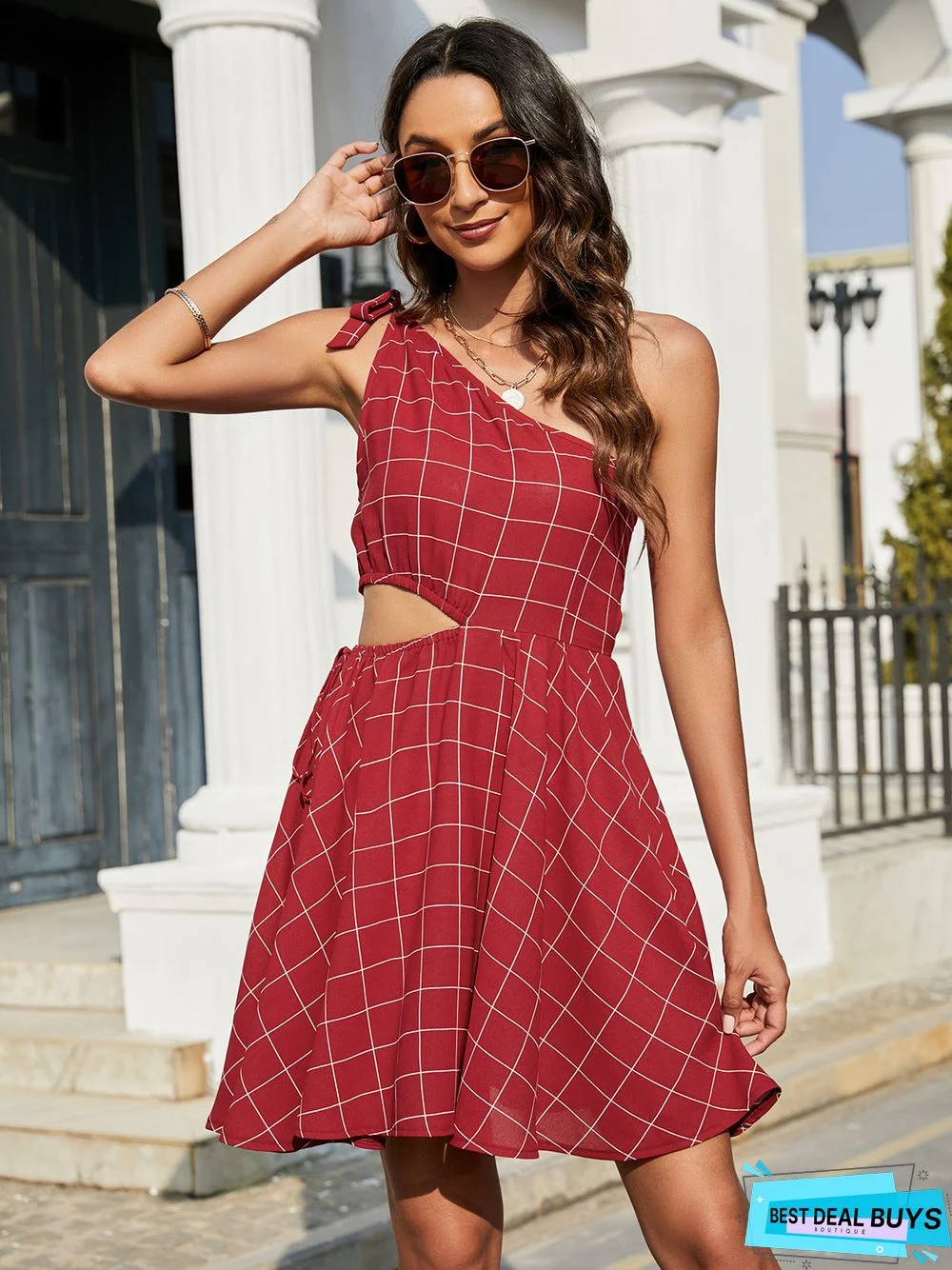Plaid Shoulder Strap Openwork Elastic Waist Dress