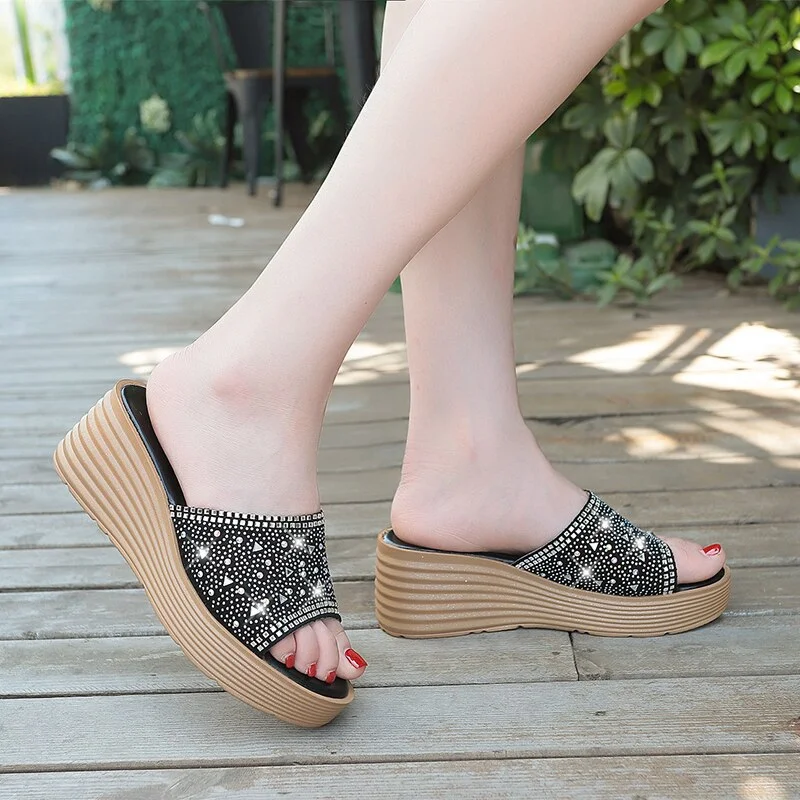 Qengg Wedge Slippers Platform High Heels Women Slipper Ladies Outside Shoes Basic Clog Wedge Slides Flip Flop Sandals