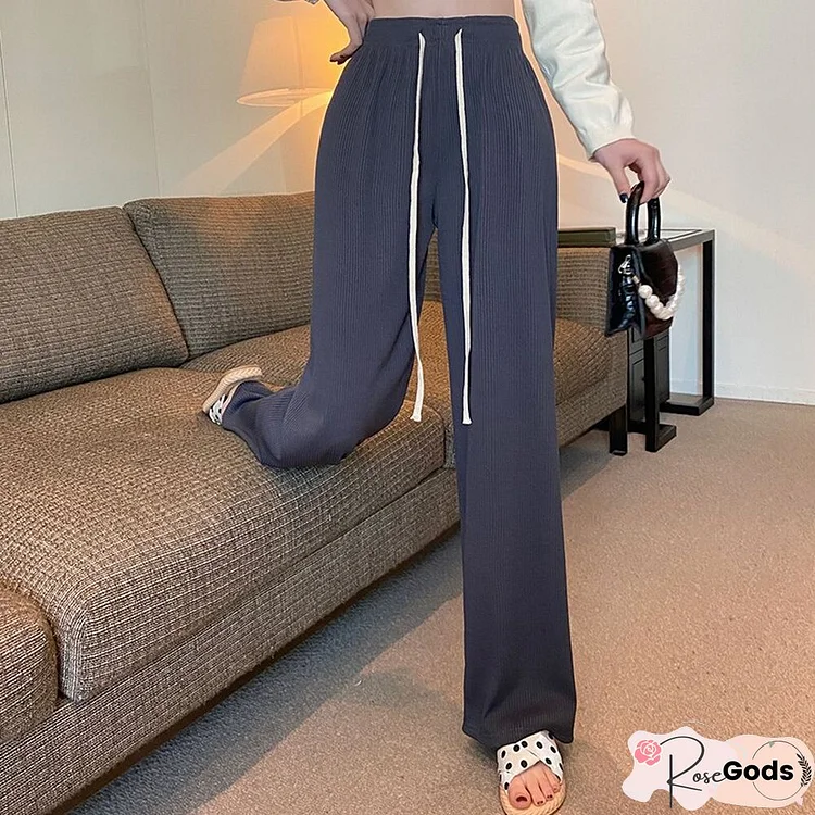 Summer Loose Wide Leg Pants Fashion High Waist Elastic Lace Up Straight Sweatpants Women New Casual Korean Solid Color Trousers