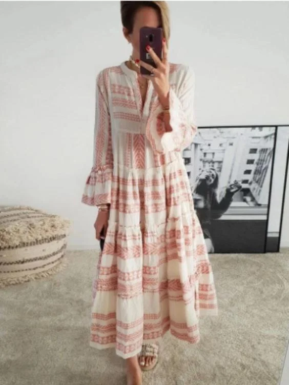 Women's Long Sleeve V-neck Chic Printed Midi Dress