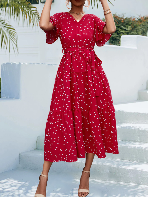 Mature Women Casual Summer Polka Dot Print Short Sleeve Midi Dress