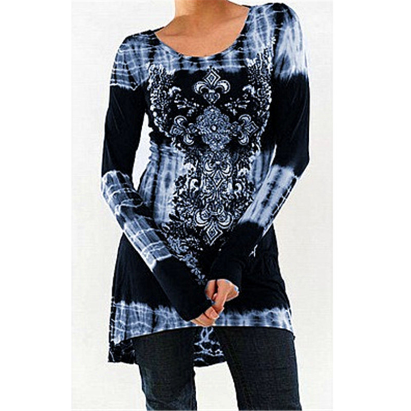 Fashion Long Sleeve Round Neck Printed Slim High Waist Tie Dye Blouses & Shirts