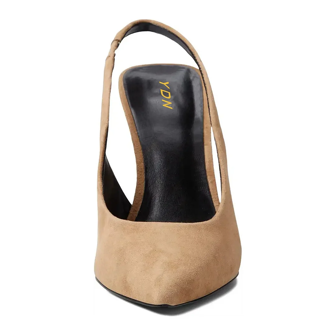 Vegan Suede Flared Heel Pointed Toe Slingback Pumps in Brown