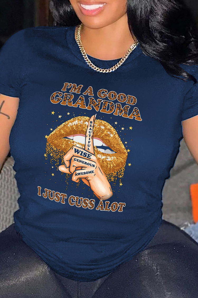 Navy Blue Sexy Street Lips Printed Patchwork Letter O Neck T-Shirts